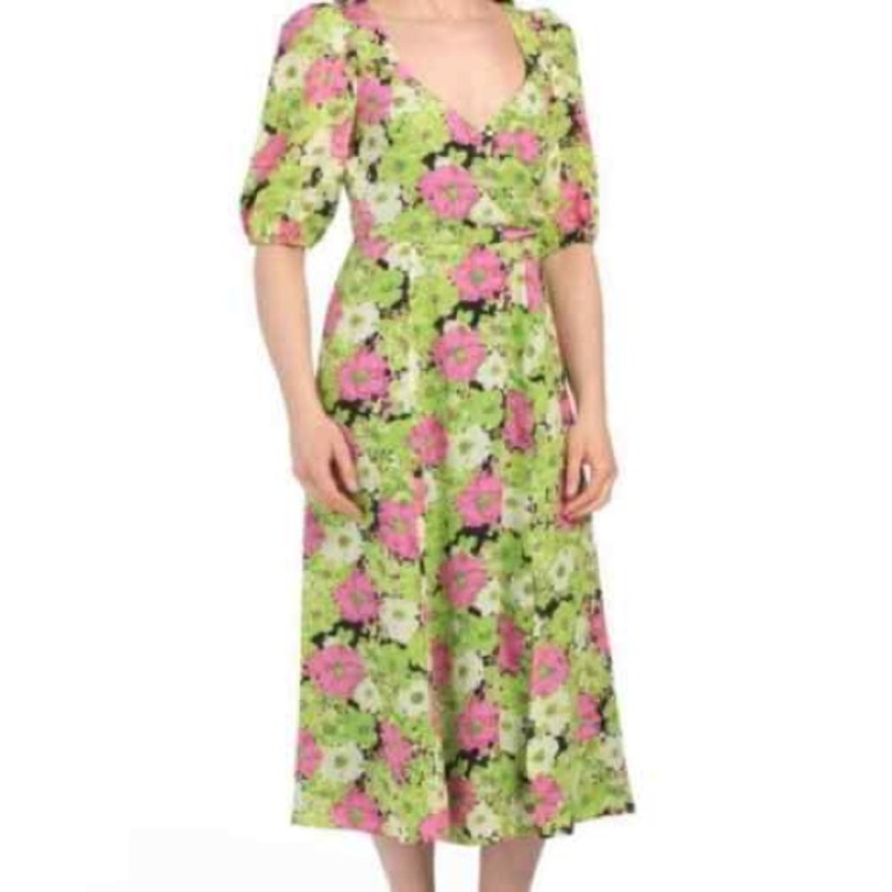 WAYF Green Floral Puff Sleeve Midi Slit Dress XS BNWT